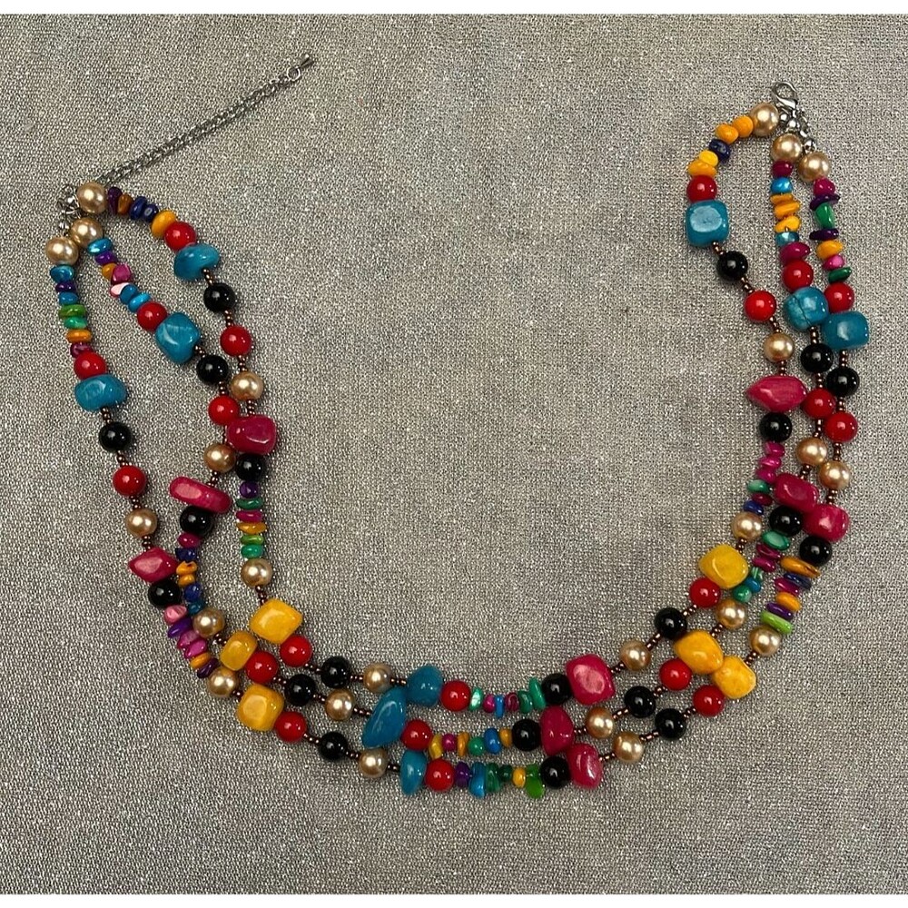 Vintage Y2K Multicolor Beaded Necklace 3 Strand Chunky Boho Statement Jewelry